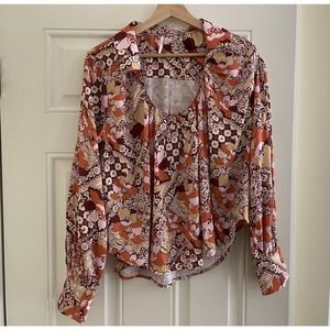 Free People Women's Blouse Shirt Floral Orange,Brown,Beige,Pink High Low Sz P XS